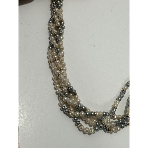 White & Silver-Blue Faux Pearl Six Strand Necklace Chocker Vintage Etch 2 Prym - Picture 5 of 11